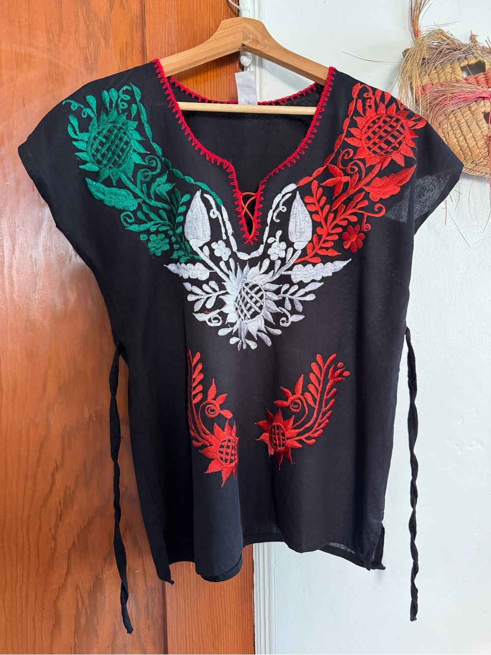 Embroidered Black Women's Peasant Top with Red, Green & White Accents